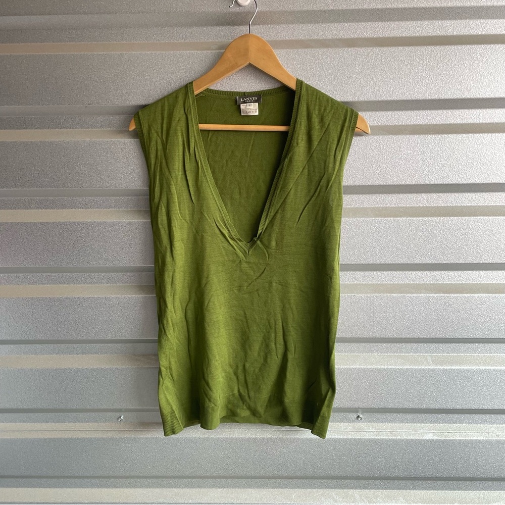 lanvin vintage green deep v-neck sleeveless wool sweater